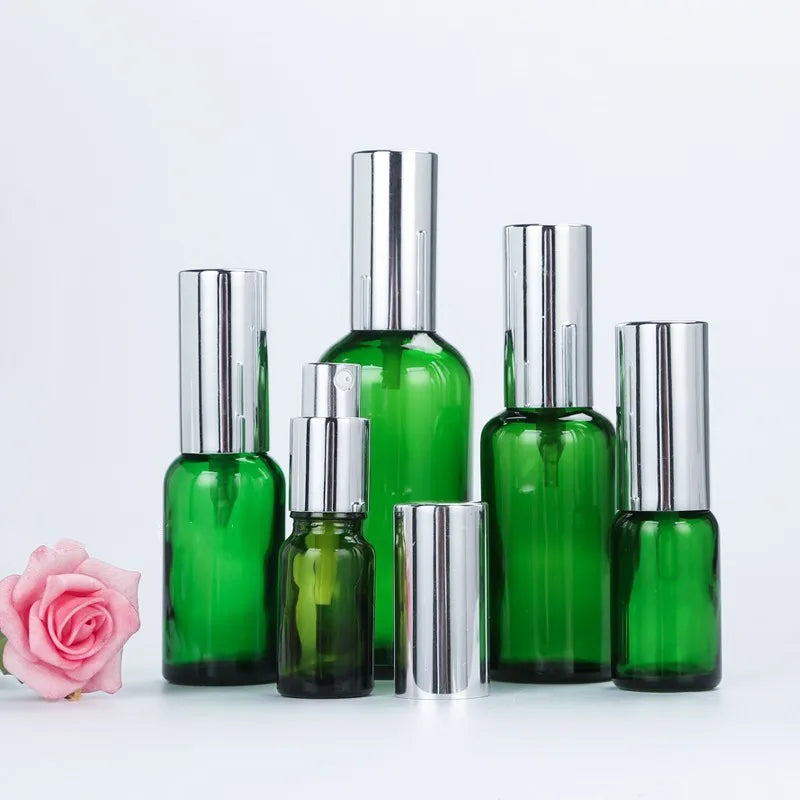 5ml to 100ml Round Green Glass Cosmetic Bottle with Silver Golden Pump Lid for Essence Creams and Face Creams