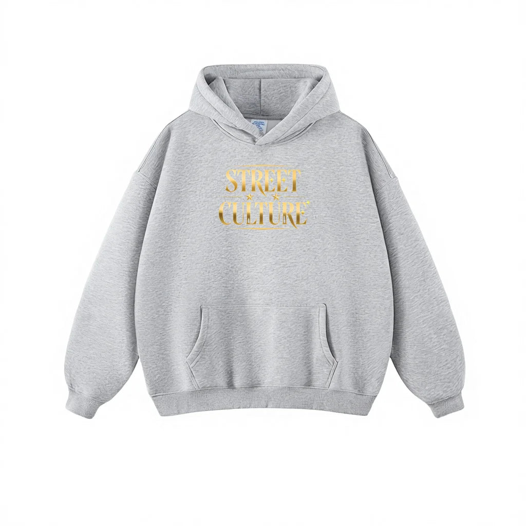 Grey Hoodie with Gold STREET CULTURE Print - Hip Hop Streetwear Fashion - Stylish Pullover Sweatshirt