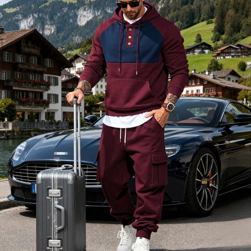 Men's Heavy-Duty Fleece Hooded Sweatshirt Set Warm Outdoor Workwear Simple Fashionable Embroidered Light Luxury American Style