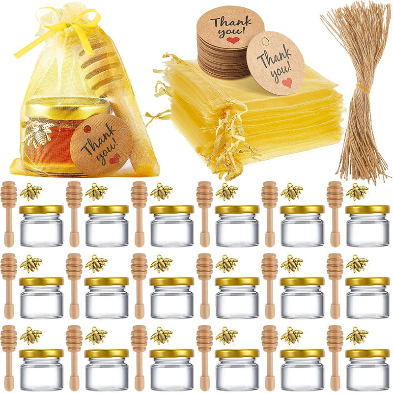 Wholesale Kitchen Hot 30ml Mini Hexagon Transparent Glass Honey Jars Set with Lids Wood Dipper Label for Jam Candy Spice Nuts