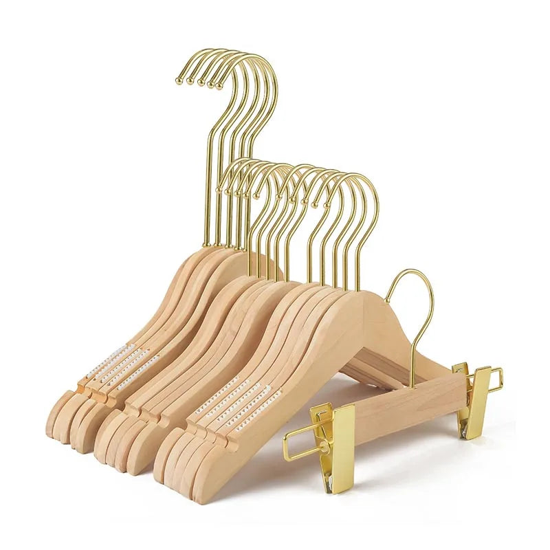 Luxury Private Logo Wooden Hangers for Living Room Kids Clothes with Shiny Gold Hooks Single Tier Durable & Heavy Duty