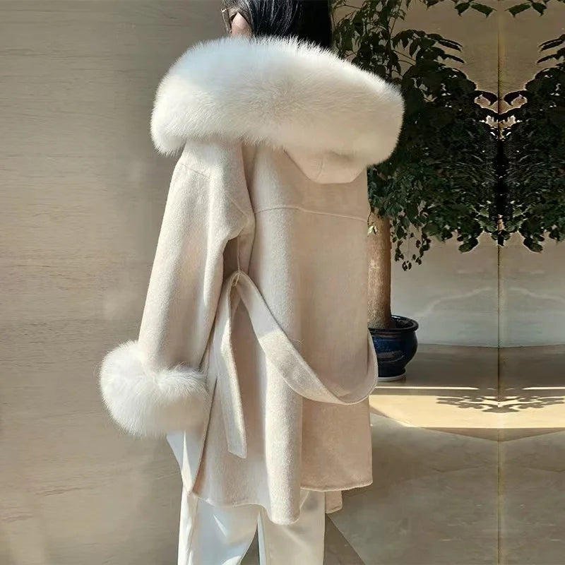 Women Winter Fox Fur Collared Hood Luxury Cashmere Wool Coat With Fur Cuffs