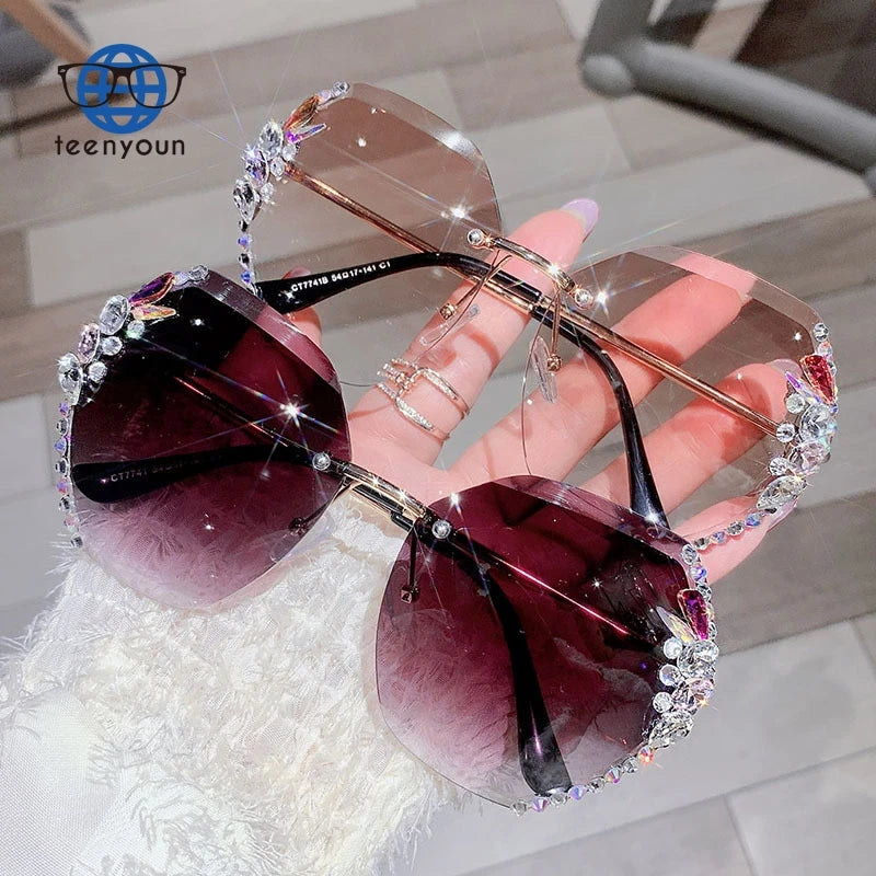 Teenyoun Custom Logo Wholesale Luxury Vendors Rhinestones Diamond Crystal Square Rectangle Rimless Frames Womens Sunglasses