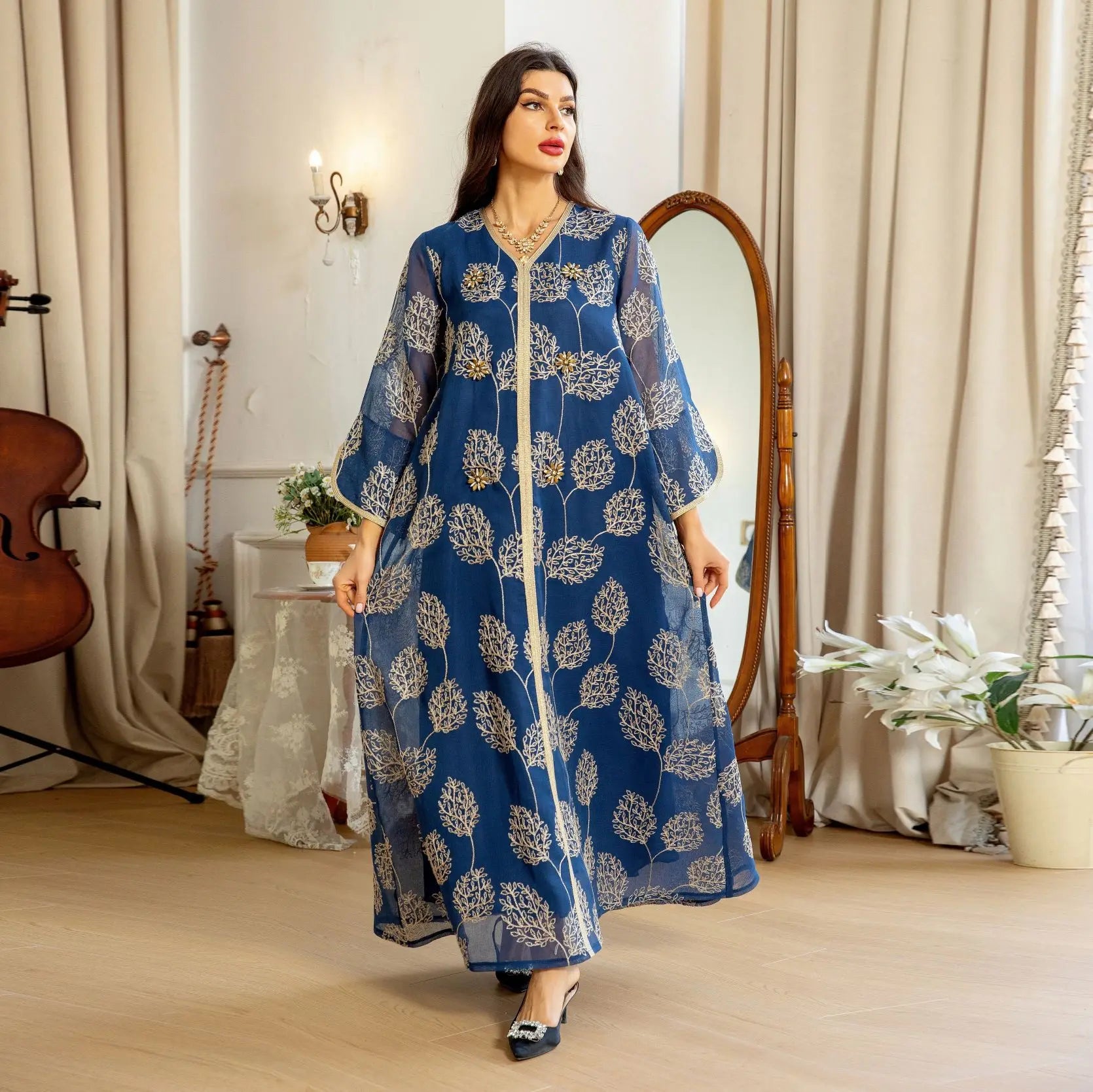 Eid Muslim Party Dress Women Embroidery Mesh Beading Ramadan Abaya Long Dress Kaftan Vestidos Largos Dubai Robe Jalabiya 2024