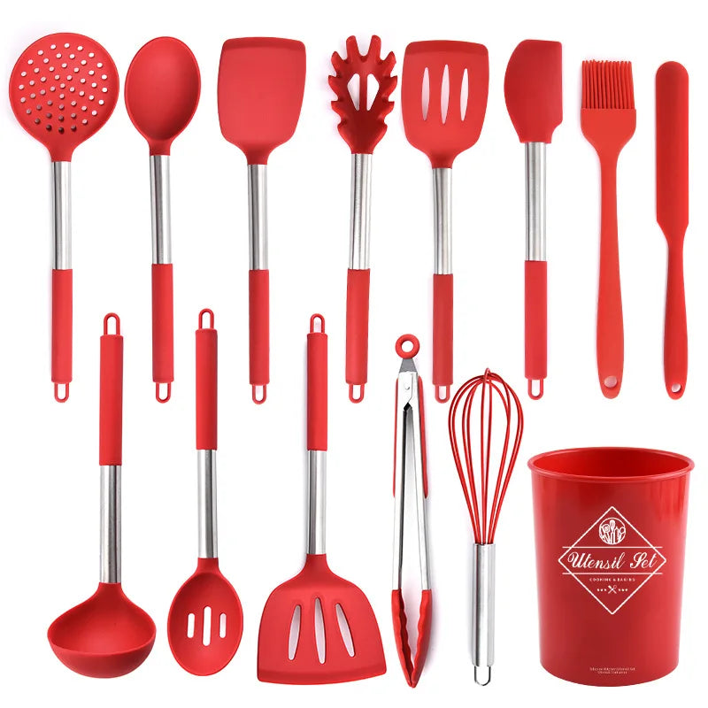 Silicone Cooking Utensil Kitchen Set 13 Pieces Rubber  Utensil Tool with Spatula Holder Spoon Turner Tongs