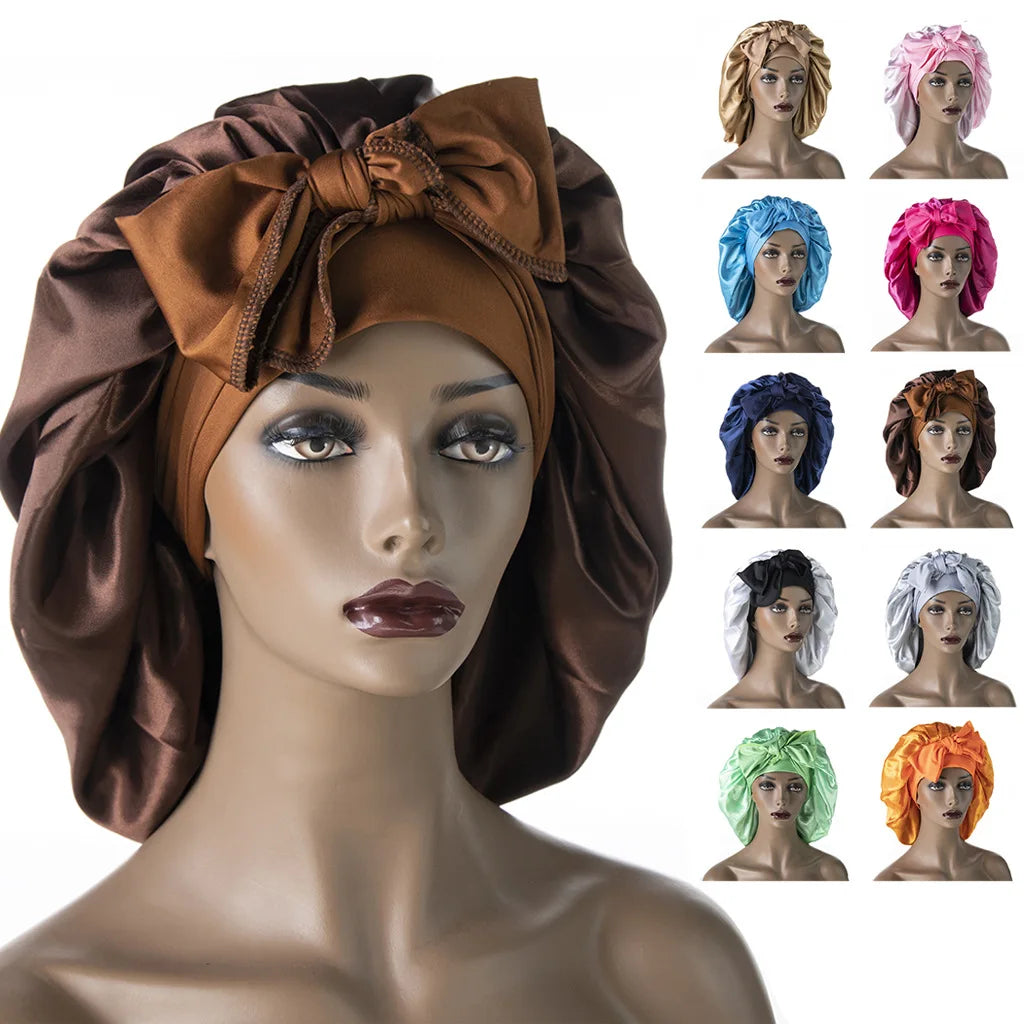 Long Large Custom logo Braid Hair Head Sleeping Stain Bonnets and Satin Silk Hair Wraps With Tie and Scarf