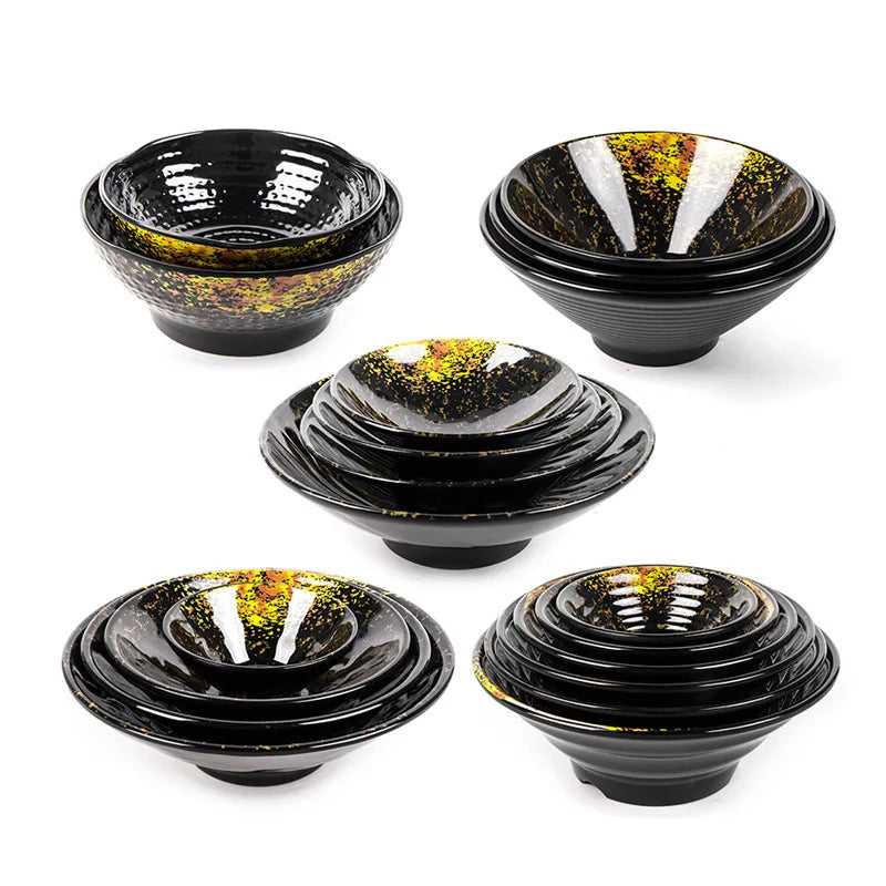Custom Eco-friendly Restaurant Black Gold Plastic Noodle Soup Rice Salad Bowl Japanese Melamine Ramen Bowl