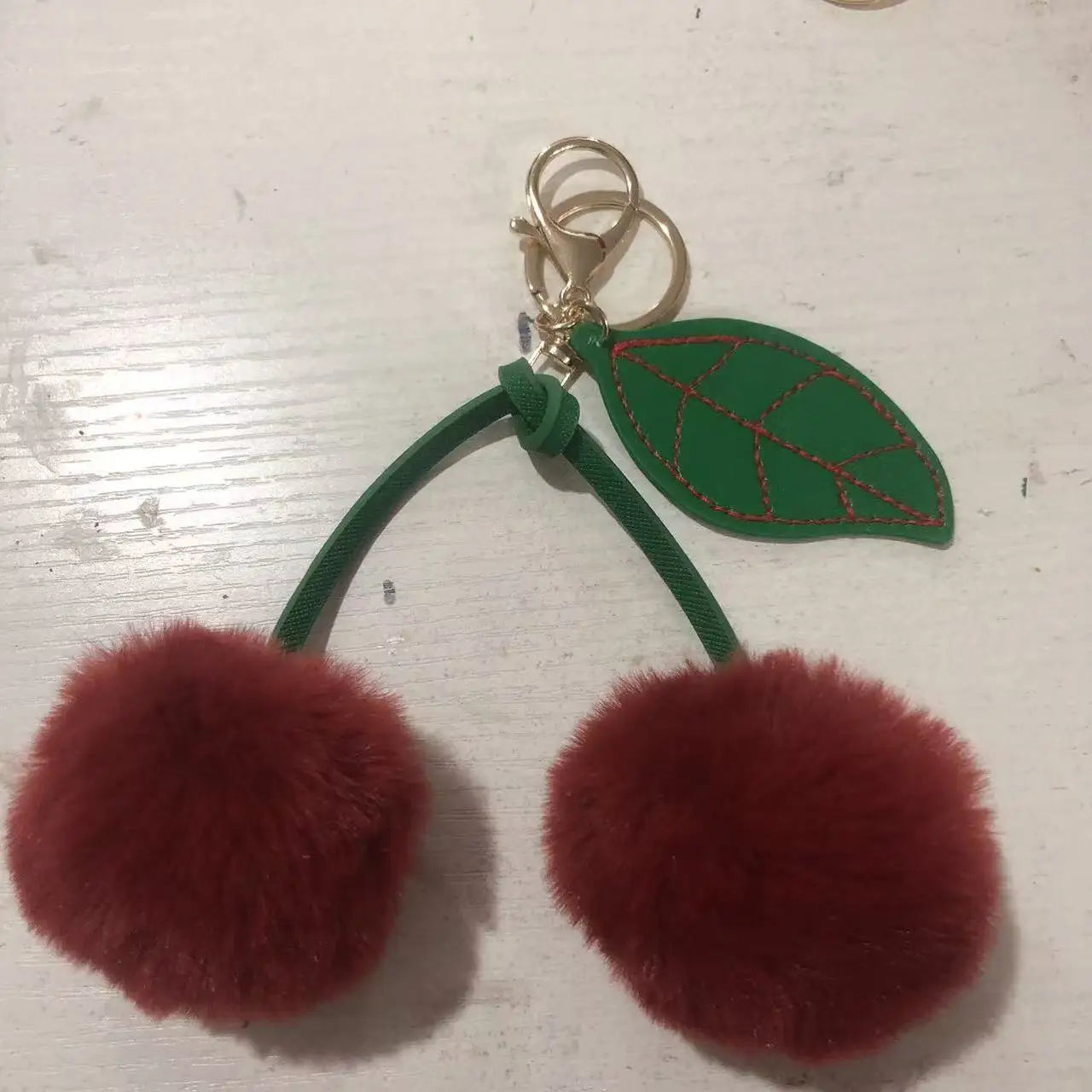 Red Cherry Pom Pom Bulk Keychain Fur Fluffy Puff Double Cherrim Plush Ball Keychain for Women Girls Bag Charm Key Rings