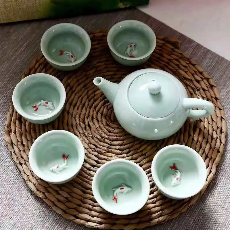 Ceramic Celadon Small Fish Tea Bowl Teapot Kung Fu Tea Set