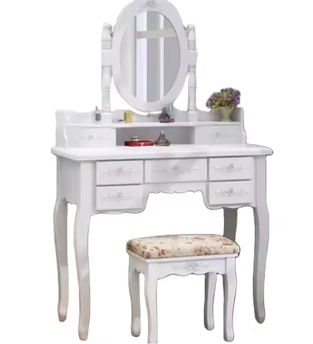 Hot Selling Modern Wooden Vanity Mirror Dressing Table with 7 Drawers and Stool