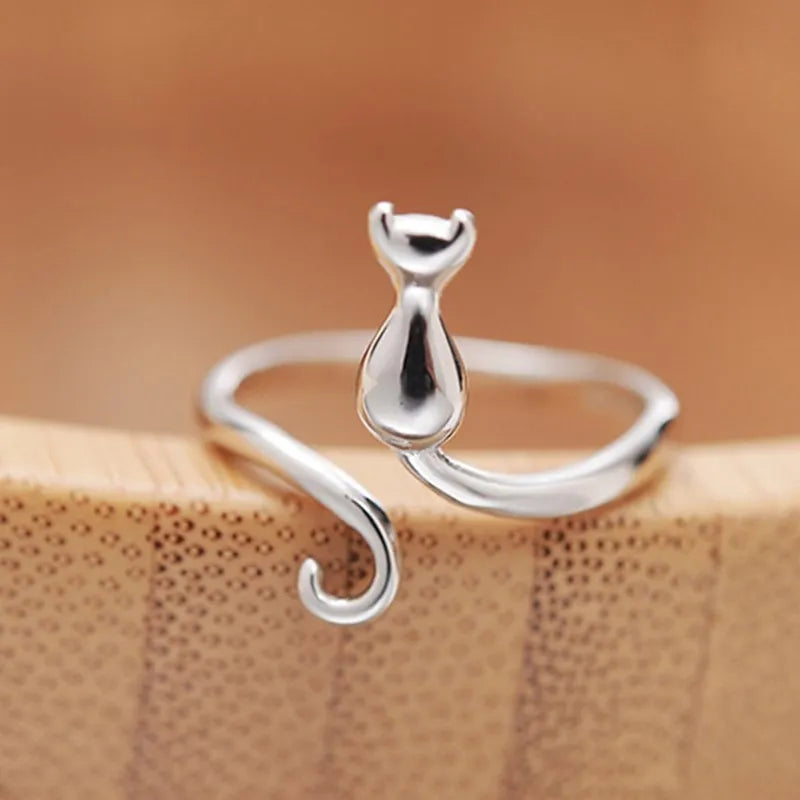 Silver Color New Trendy Cute Cat Engagement Rings for Women Couple Elegant Simple Handmade Jewelry Adjustable