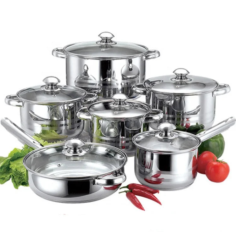 Cooking Pot Cookware Set 12pcs Stainless Steel Cooking Cookware Pots and Pans Sets Wok Saucepan Metal Logo Custom Oem Safe Pots