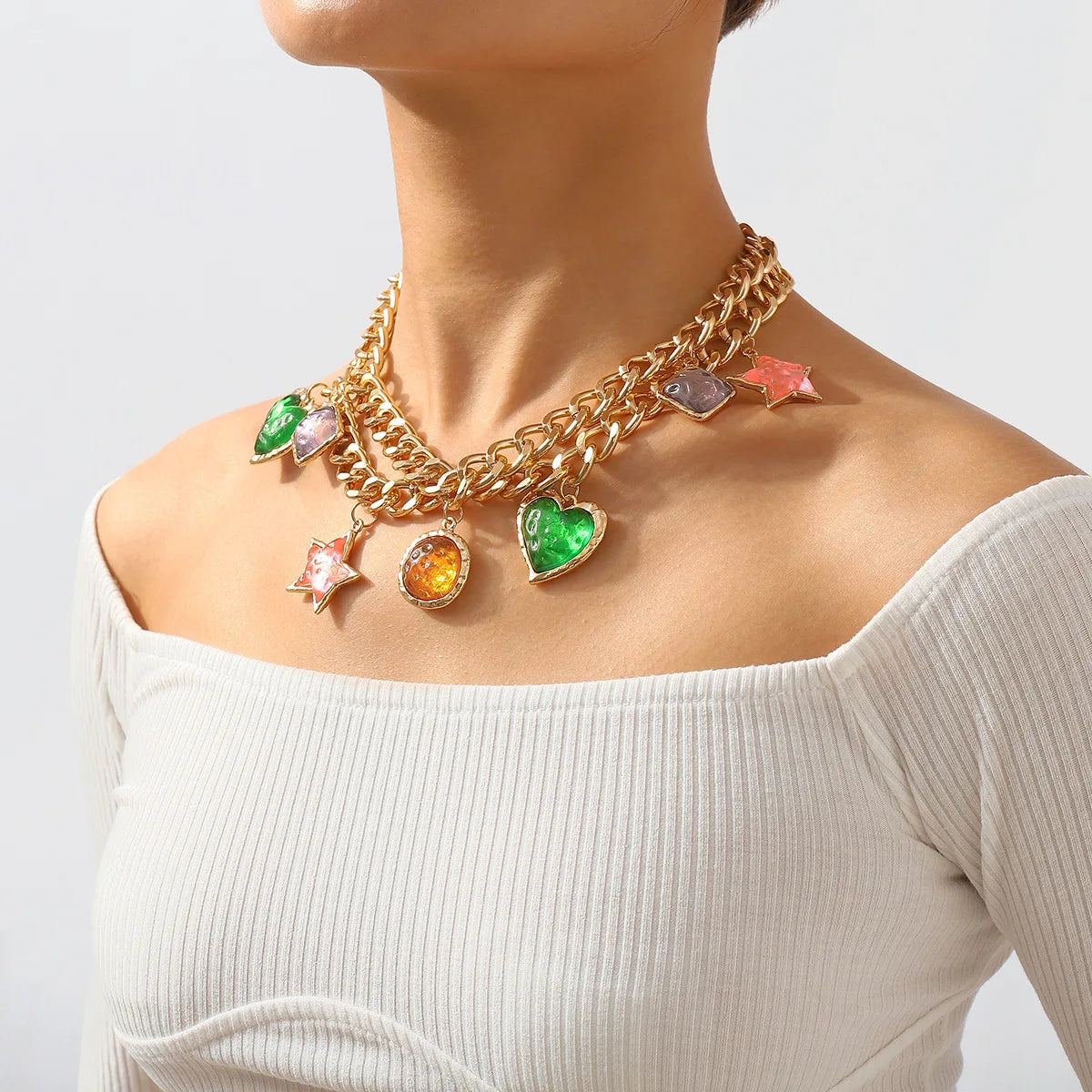 2023 Fashion Design Star Heart Pendant Necklace Exaggerated Choker Gold Plated Cuban Link Chain Necklace for Women Jewelry