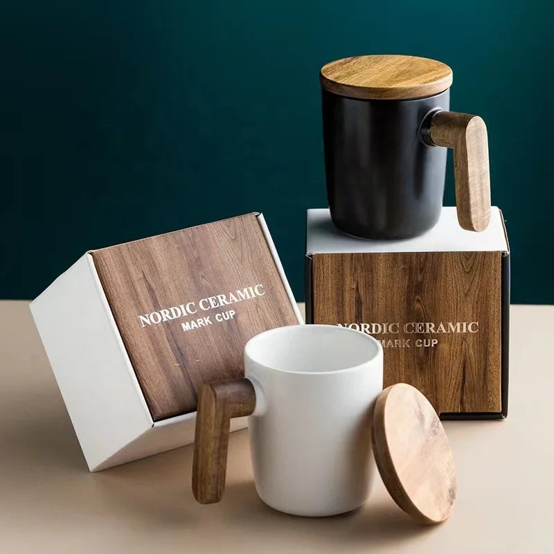 Matt Tea Cup Mug Ceramic Gift Set Personalized Ceramic Mug with Wood Handle Bamboo Lid and Gift Box