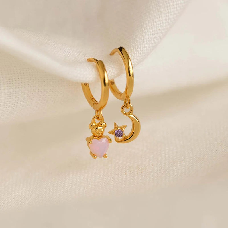 New Arrived Cute 18K Gold Plated Earrings Bear Koala Bunny Shape Rhinestone Candy Moon Star Earrings for Best Gifts