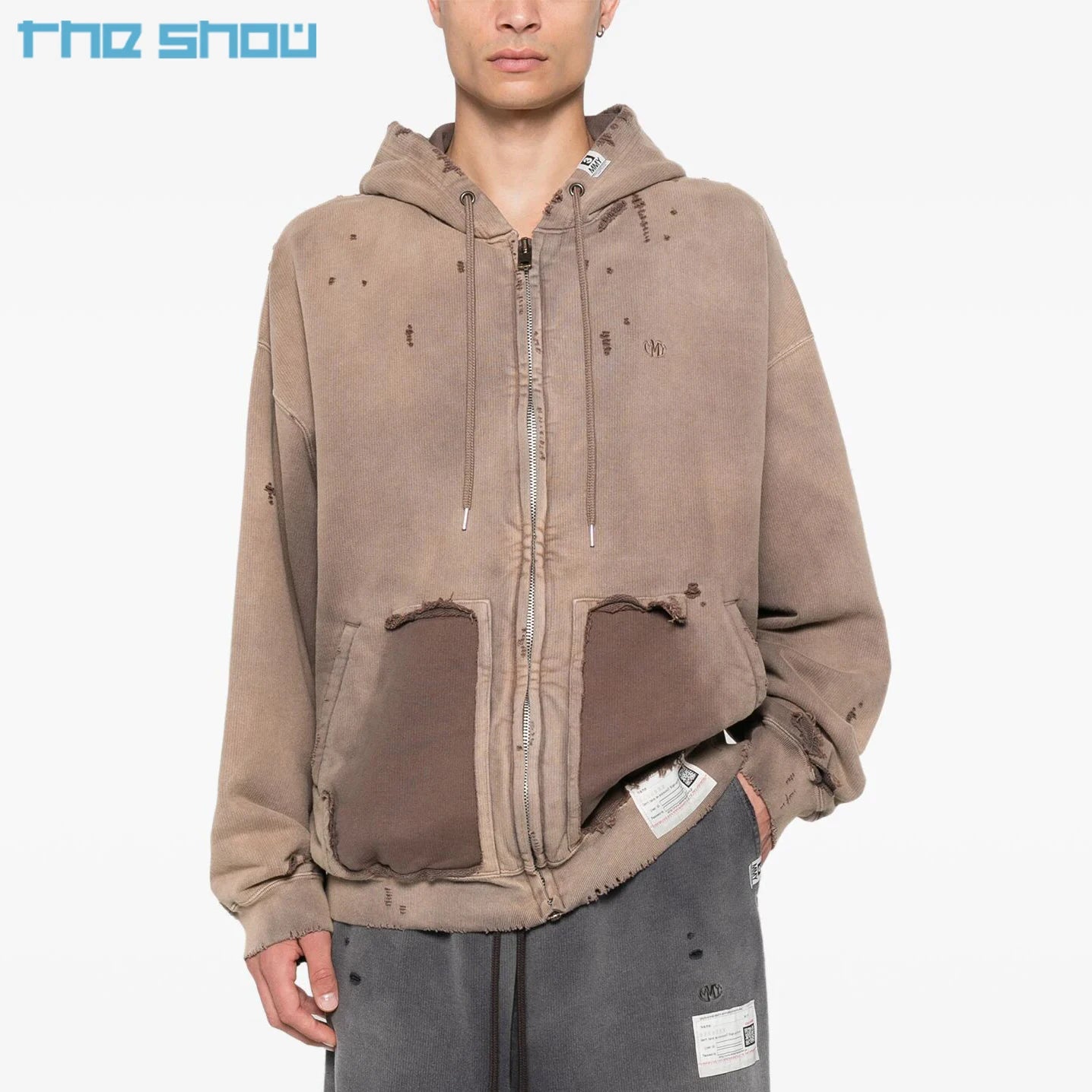 Custom Streetwear 400gsm Heavyweight Fleece Blank Zip up Vintage Double Layer Acid Wash Sun Faded Distressed Hoodies for Men