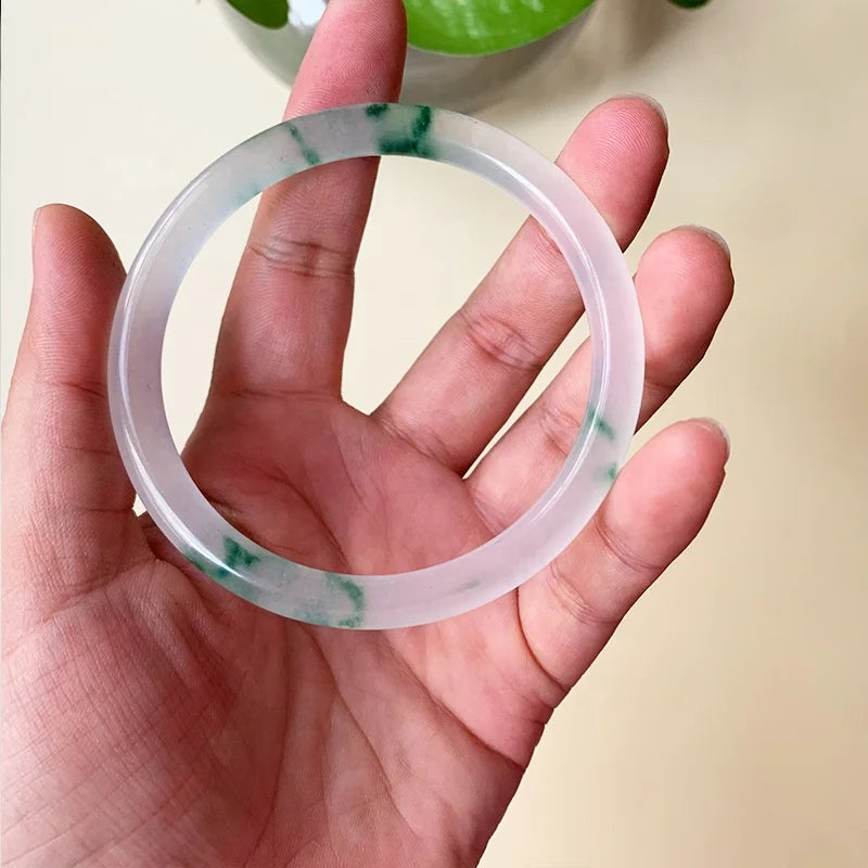 New Natural Tianshan Jadeite Thin Round Bracelet Original Ecological Pattern Floating Green Flower Jade Bangle Handring Jewelry