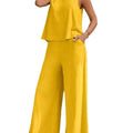 Solid Color Elegant Two-piece Set with Round Neck Tank Top and Wide-leg Pants Women's Clothing