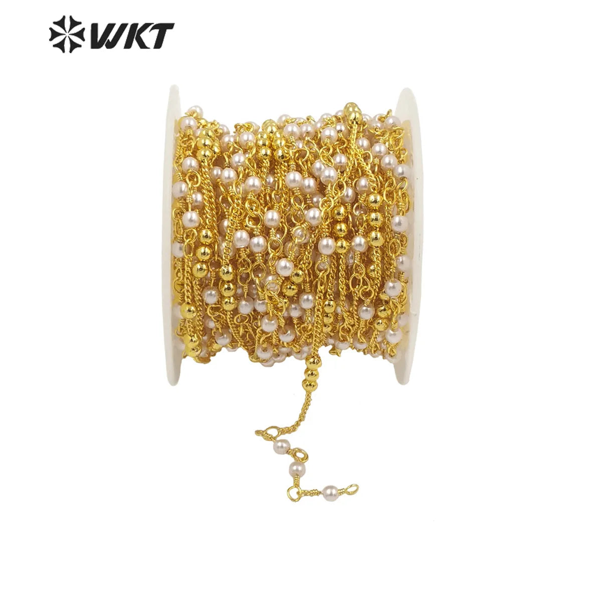 WT-RBC195 Amazing Handmade Gold Plated White Beads Chain Women DIY Jewelry Necklace Chain by Meter Tiny Brass Chain