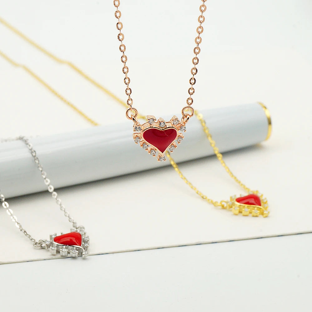 Wholesale 925 Silver Jewelry Heart Necklace Set With Red Heart Enamel Jewelry Charm for Women Gift