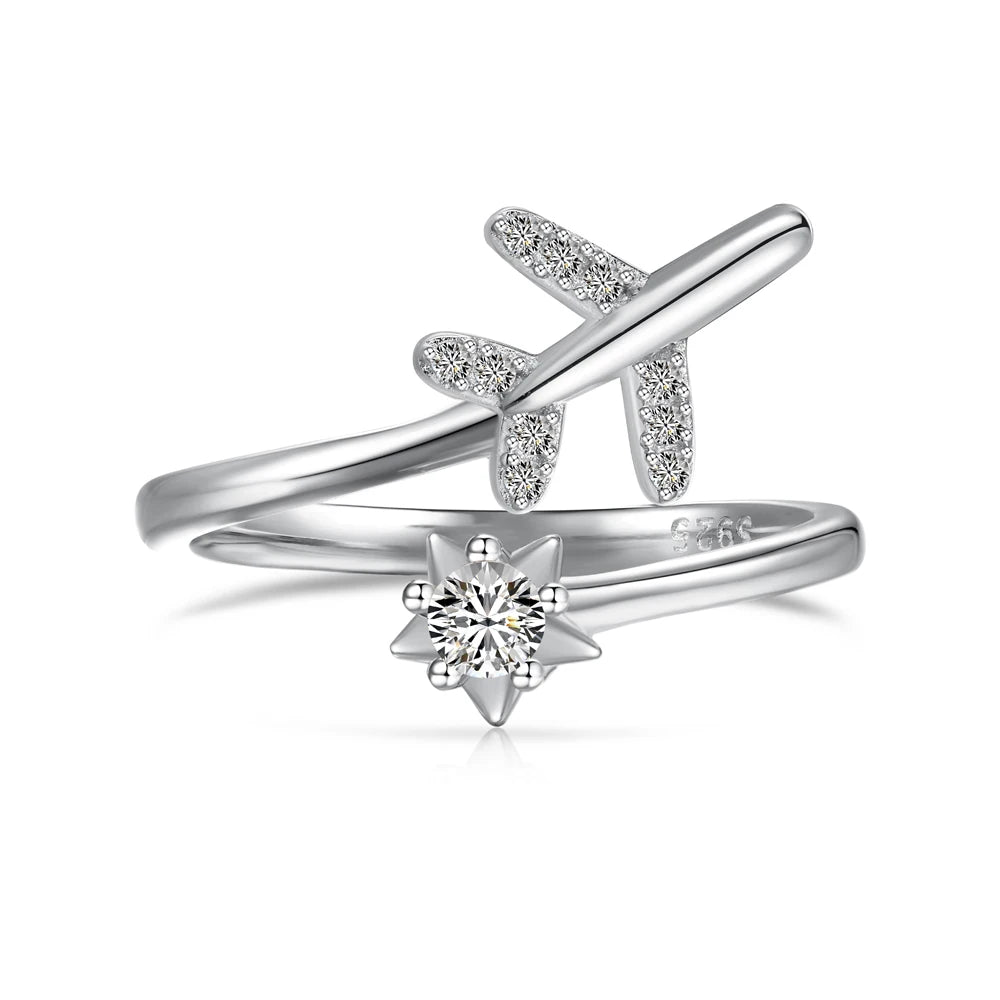 Dylam Waterproof 925 Sterling Silver Aviation Airplane Jewelry Women 18K Gold Plated Adjustable Ring Cubic Zircon Airplane Rings