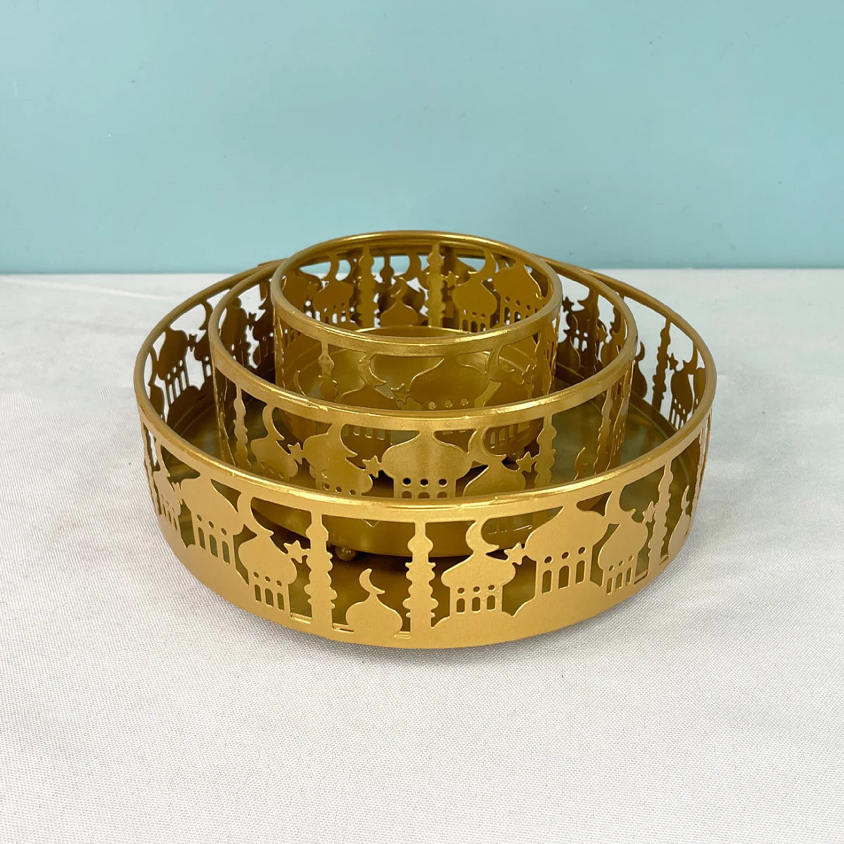 3pcs/set EID Mubarak Ramadan Muslim Castle Iron Gold Round EID Dinner Food Tray Cake Stand Tray Home Holiday Eid Decoration
