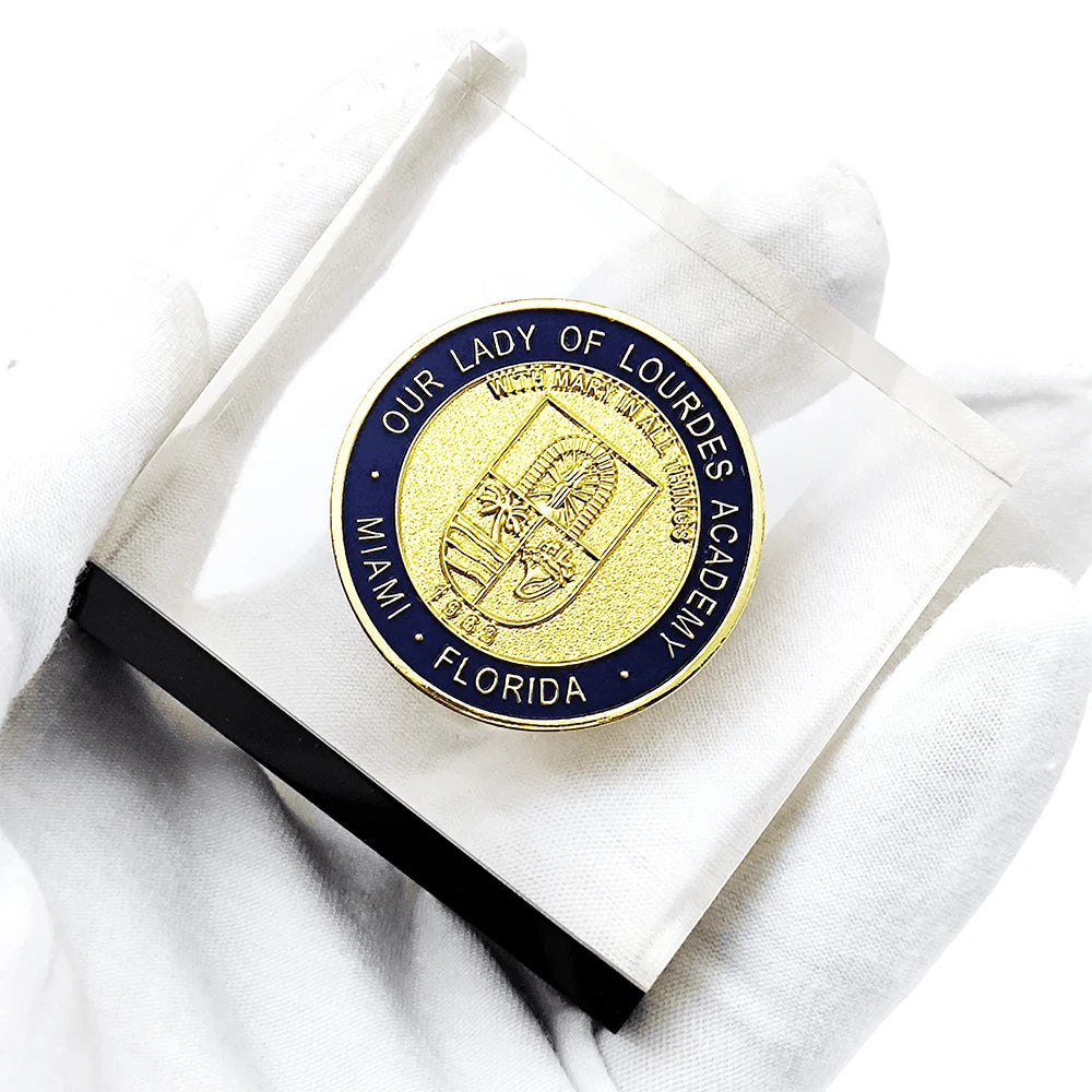 LUCITE COIN EMBEDMENTS Customized Logo Enamel Color Filling Metal Challenge Coin