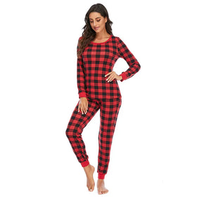 Plaid Print 95%cotton 5%spandex Women's Long Sleeve Two Pieces Pajamas Clothes Sleepwear Pjs Clothing for Women
