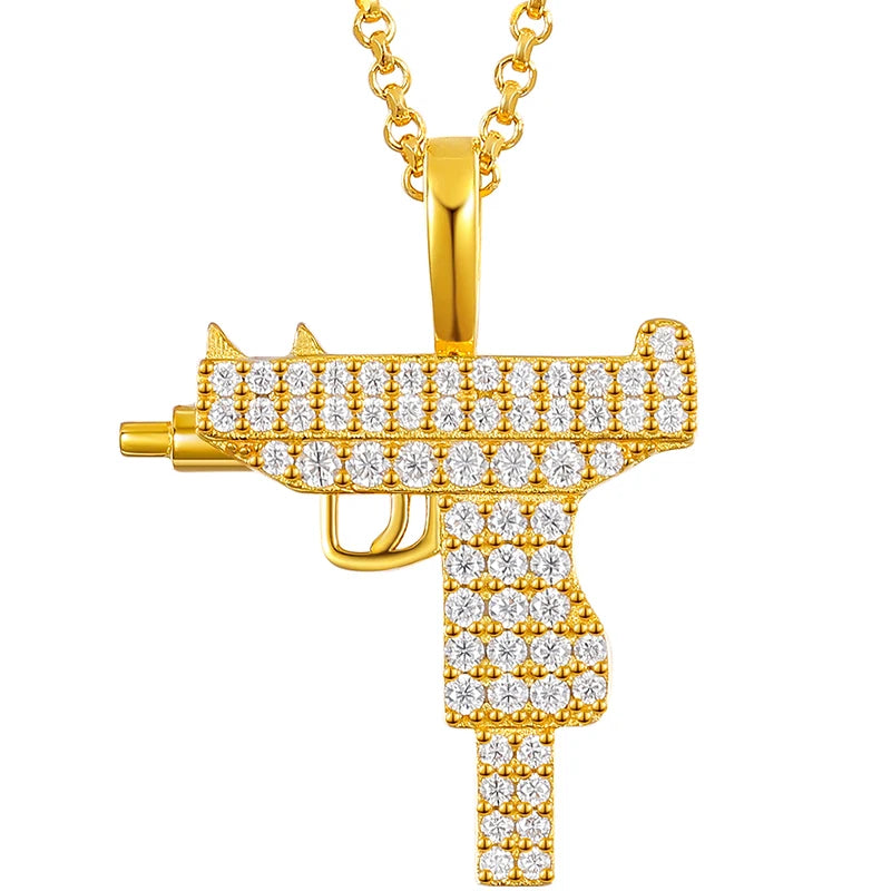 Drop Shipping Hip Hop Jewelry Gold Plated Silver 925 VVS Moissanite Machine Gun Charm Pendant With Chain