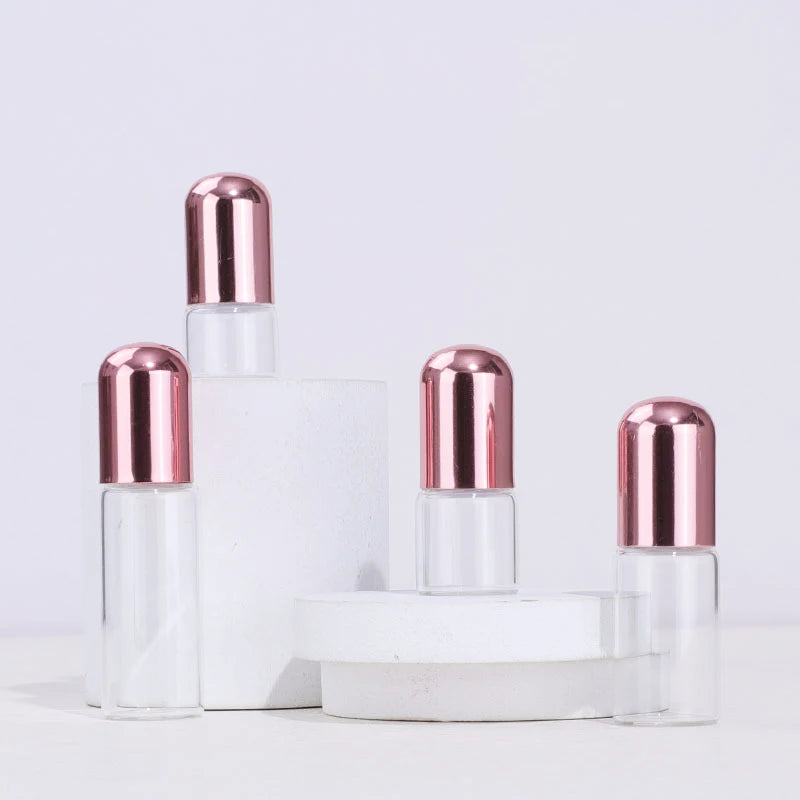 Custom 1ml 2ml 3ml Mini Glass Rose Gold Roll on Bottle Small Size Portable Travel Perfume Oils Cosmetic with Round Aluminum Cap