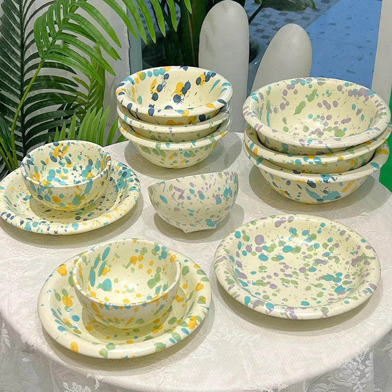Creative Dazzle Splash Ink Ceramic Tableware Korean Ins Breakfast Plate Salad Bowl