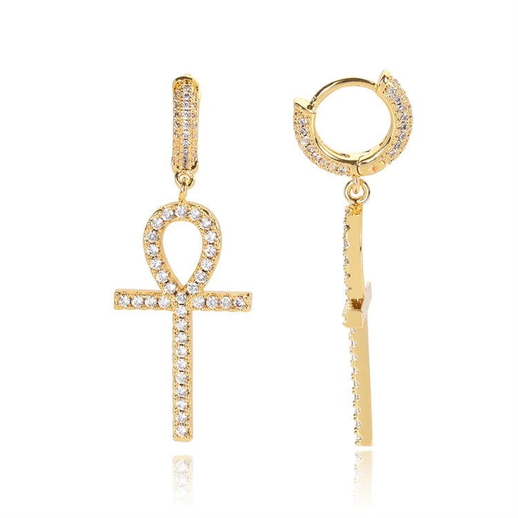 Personalized Hip Hop Micro Full Diamond Huggie Earrings CZ Brass Ankh Cross Hoop Earrings for Women