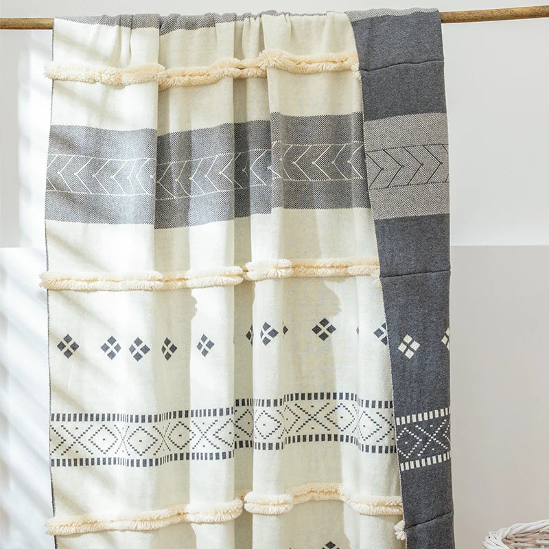MM Bohemia Boho Geometric Stripe Tassel 100% Cotton Knitted Throw Blanket for Bed Adult