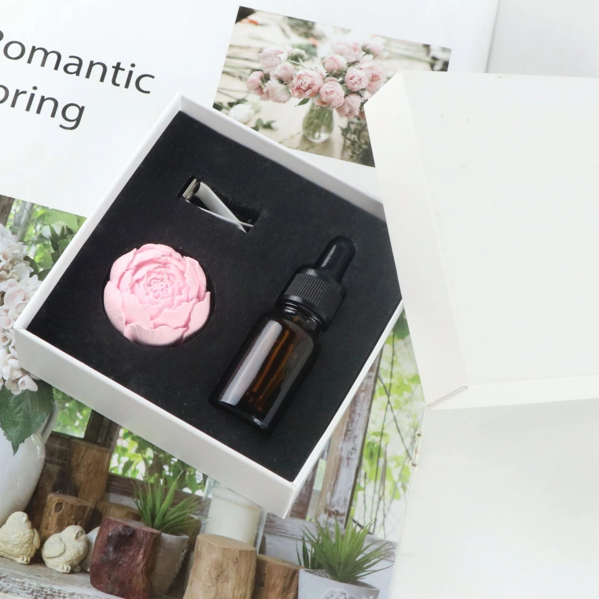 Handmade Porcelain Pink Peony Flower Scented Ceramic Aroma Plaster Car Vent Air Freshener Home Fragrance Essential Oil Diffuser