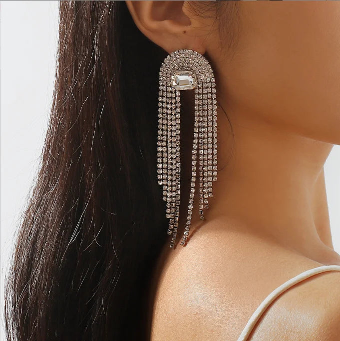 Fashion Statement Earring Long Full Rhinestone Big Earrings for Women Shining Tassel Dangle Earrings Wedding Jewelry Gift