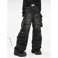 Utility Multi Pocket Design Loose Straight Streetwear Mens Black Washed Cargo Denim Jeans