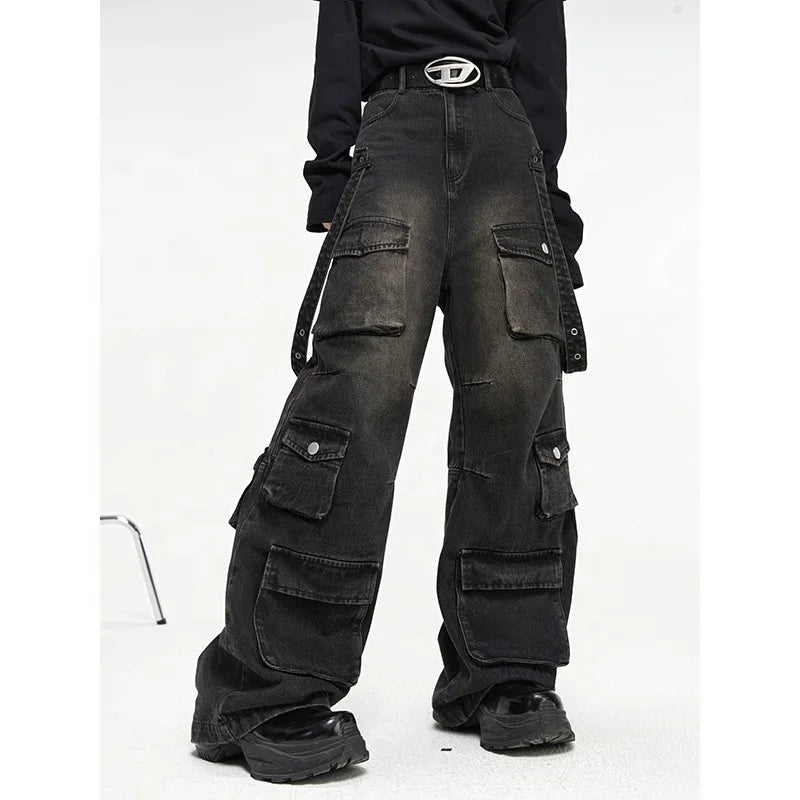 Utility Multi Pocket Design Loose Straight Streetwear Mens Black Washed Cargo Denim Jeans