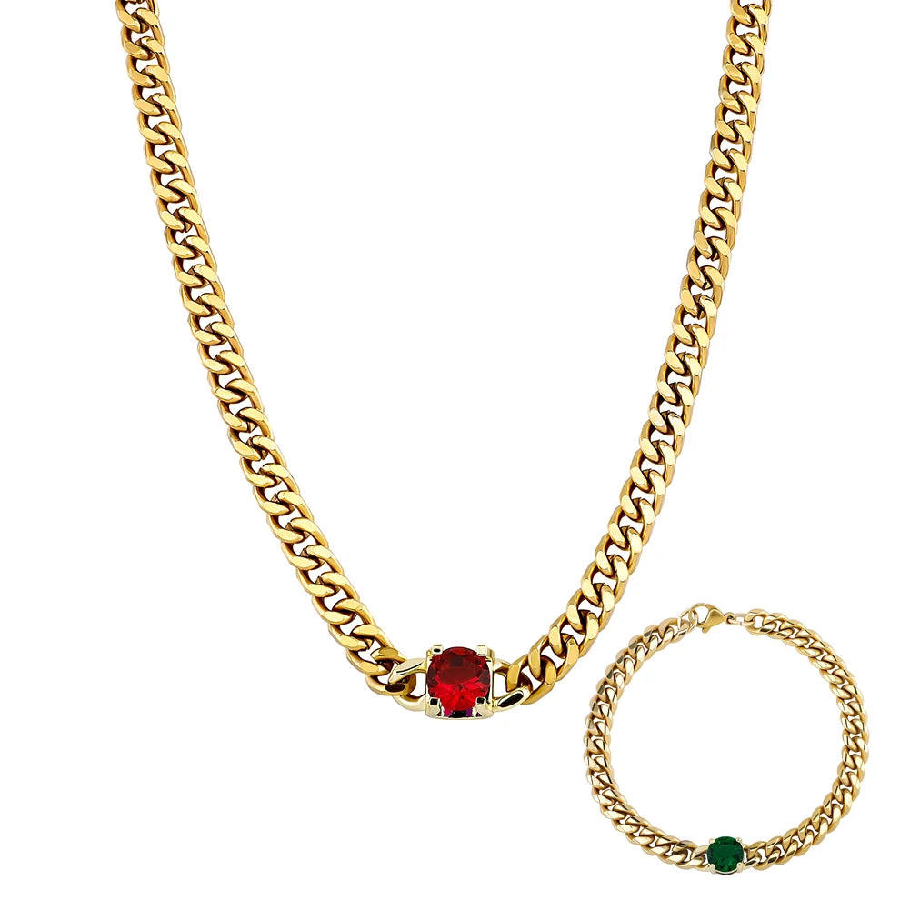 INS Hot 3mm Stainless Steel Red Green CZ Necklace 6mm Stainless Steel Hip Hop Colorful Gem Bracelet Luxury Hip Hop Fashion Charm