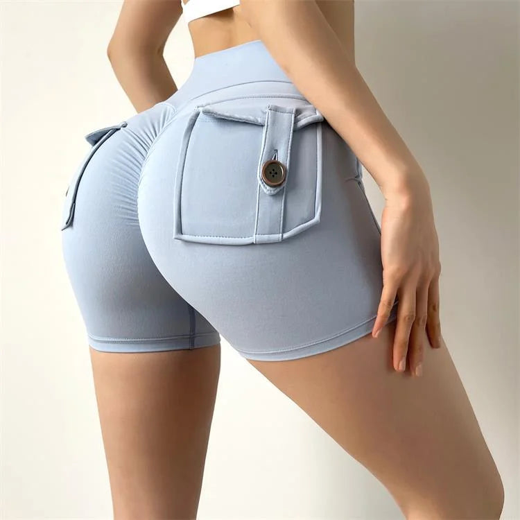 Custom logo Women's Sports Yoga Gym Fitness Workout Shorts High Waist Scrunch Butt with 3D Running Pockets Shorts Para Mujer