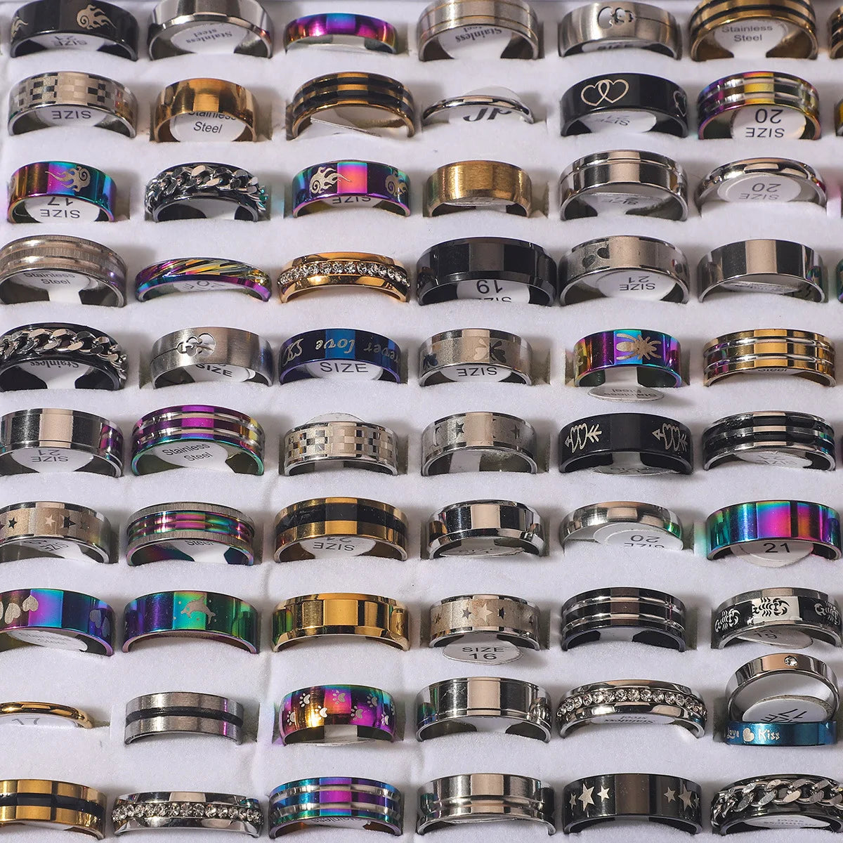 Newly Fashion 100 Pieces Mix-and-Match Fancy Ring With Box for Men Woman Stainless Steel Creative Rings