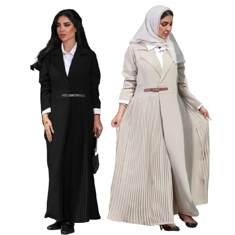 MQ115 Trendy Muslim Arab Cardigan Robes Abaya Long Sleeve V-neck Pleated Long Dresses Women Casual Jalabiya for Women