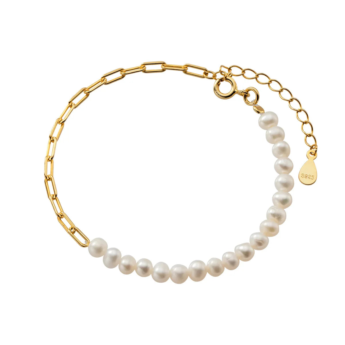 Fashion Jewelry 925 Sterling Silver Pearl Bracelet Natural Real Pearls Paper Clip Chain Gold Plated Bracelets for Women