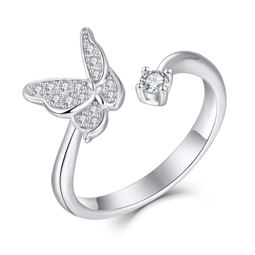 Ladies Butterfly 925 Sterling Silver Animal Rings Rhodium Plated Zirconia Exquisite Design Adjustable Butterfly Ring