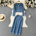 Autumn Casual 2 Piece Set for Women Crop Top and Denim Slit Skirts Set Clothing Wholesale
