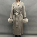 Jancoco Custom Belt Trench Woolen Coat Winter Women Long Cashmere Wool Coat With Real Fox Fur Cuffs
