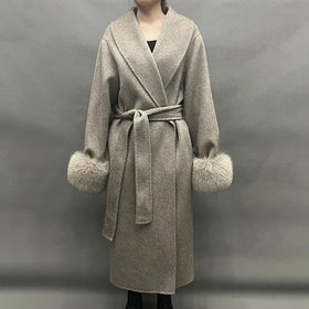 Jancoco Custom Belt Trench Woolen Coat Winter Women Long Cashmere Wool Coat With Real Fox Fur Cuffs