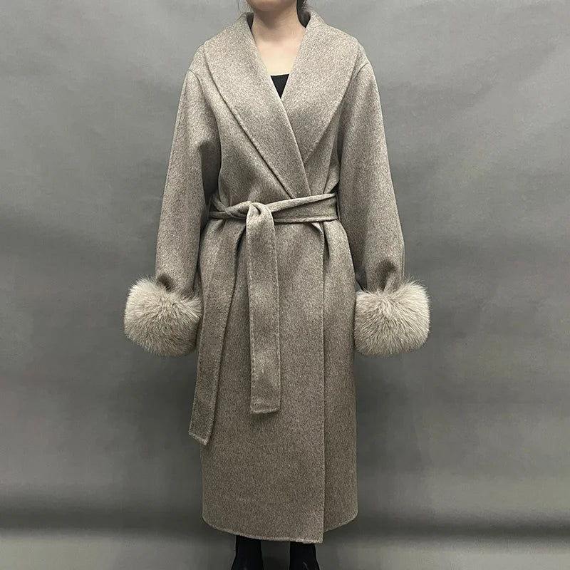 Jancoco Custom Belt Trench Woolen Coat Winter Women Long Cashmere Wool Coat With Real Fox Fur Cuffs