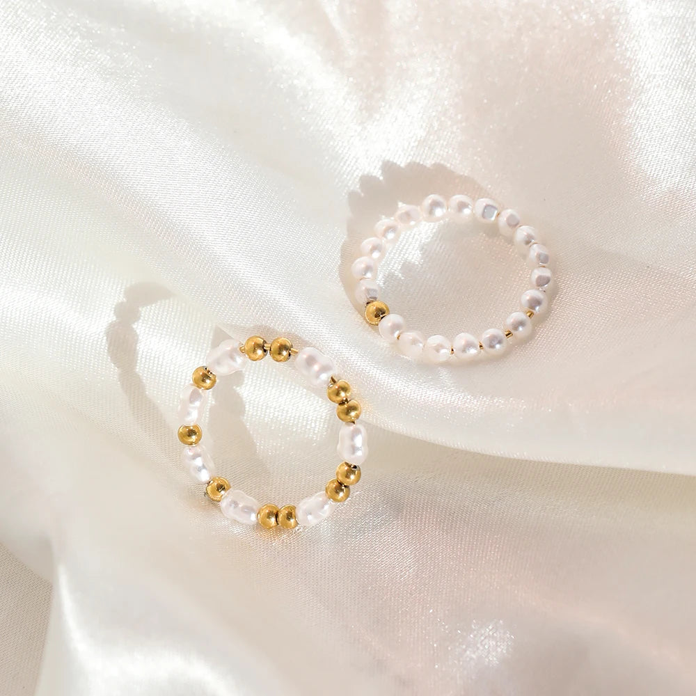 High End 18K Gold Plated Pearl Lucky Bead Dainty Rings Stainless Steel Jewelry Trendy Finger Ring
