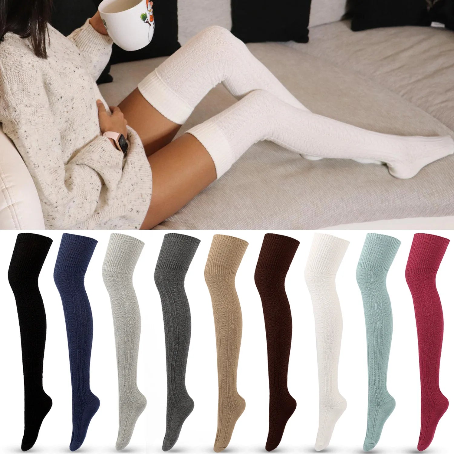 9 Colors Autumn Winter Warm Thick Slouch Stripes Knitted Over Knee Long Stockings Japanese Women Girls