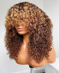 Full Hair Bang Honey Blonde Highlight Color Curly Wave Cuticle Aligned Human Hair Lace Front Wigs MegaBDM